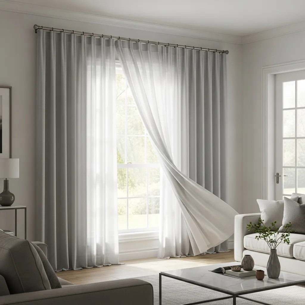 Elegant curtain installation in modern living room with flowing fabric and natural light
