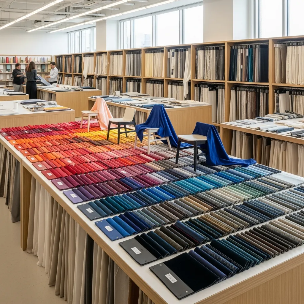 Professional fabric selection studio displaying hundreds of textile samples organized by color and texture