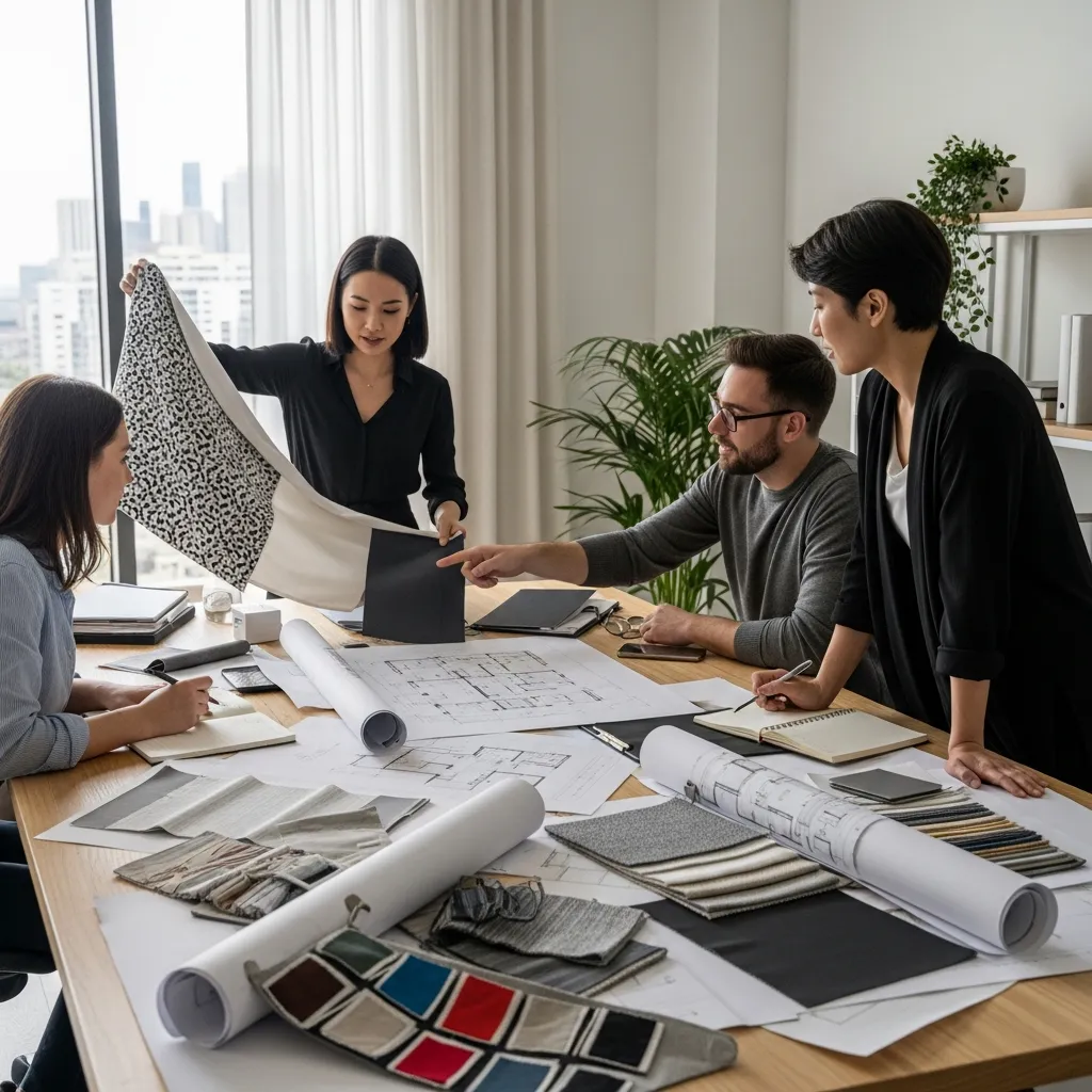 Team members collaborating around design table reviewing curtain samples and project plans together