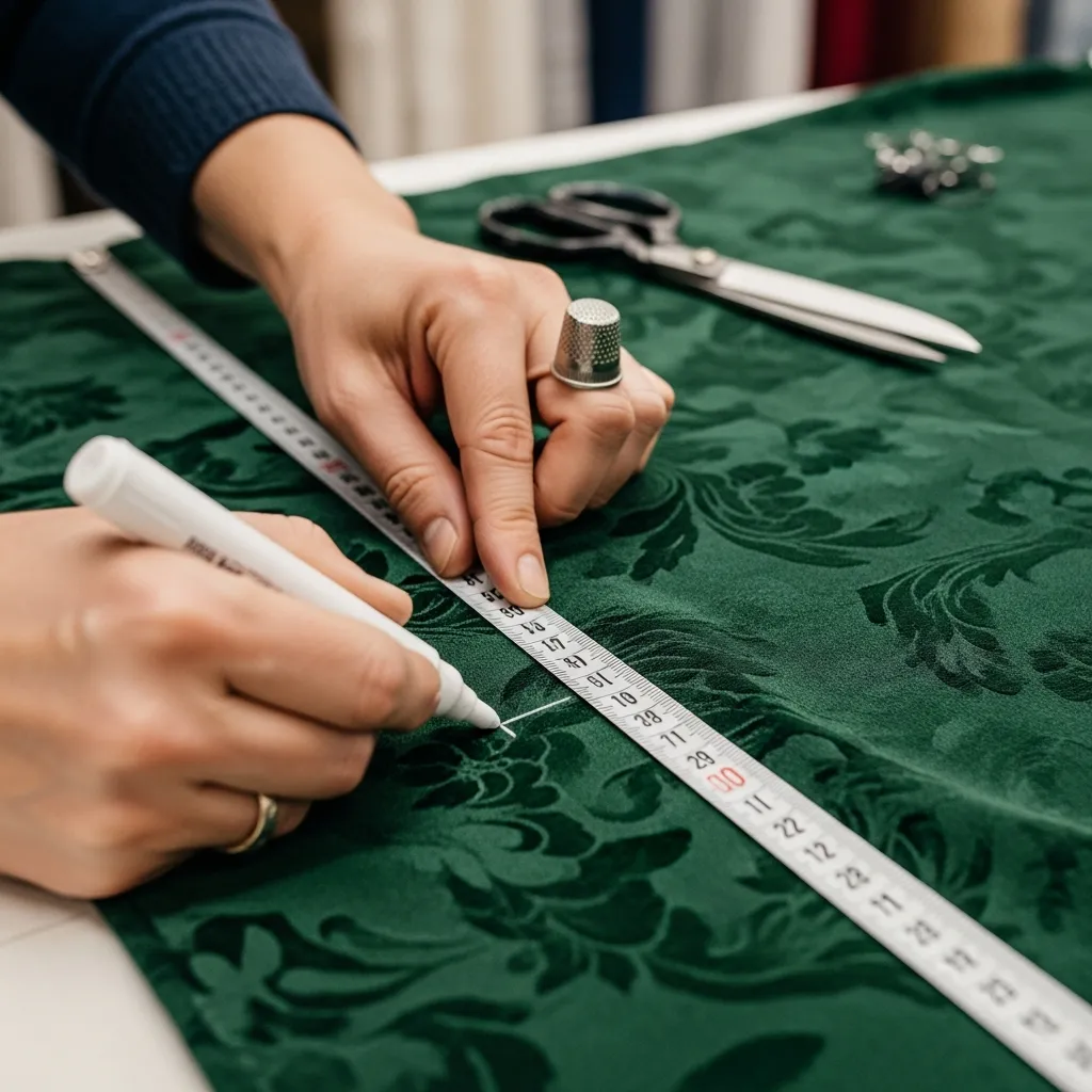 Close-up of expert hands carefully measuring and marking custom curtain fabric for precise installation